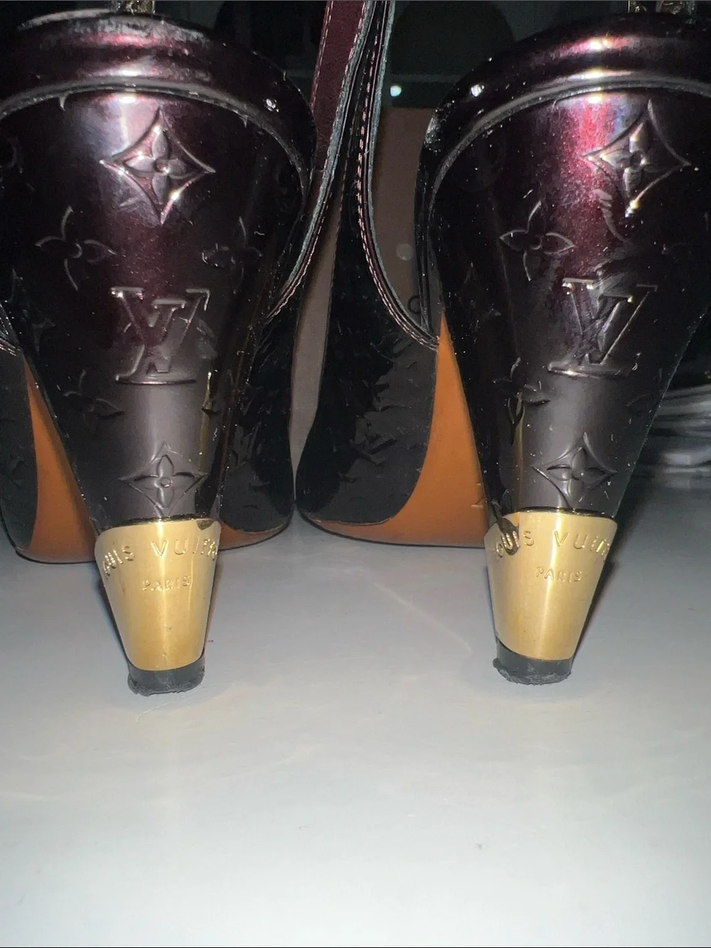 Louis Vuitton Vernis Monogram Slingback Heels with Gold Buckle